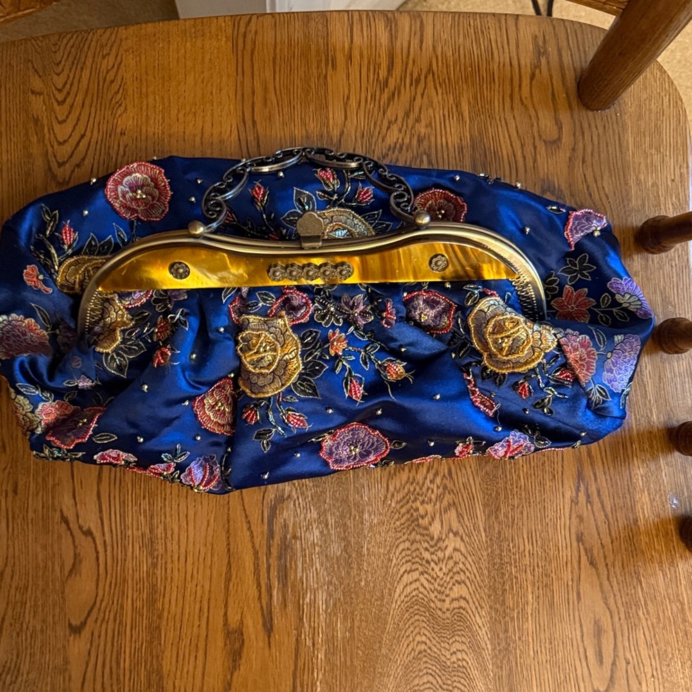 Vintage Embroidered Navy Floral Clutch with Gold Frame